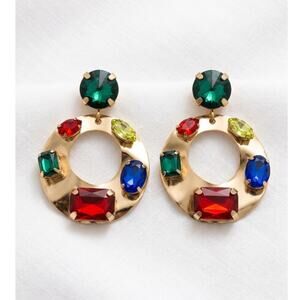 Multicolor Gemstone Drop Earrings Gold Tone Statement Lightweight 2 Inch